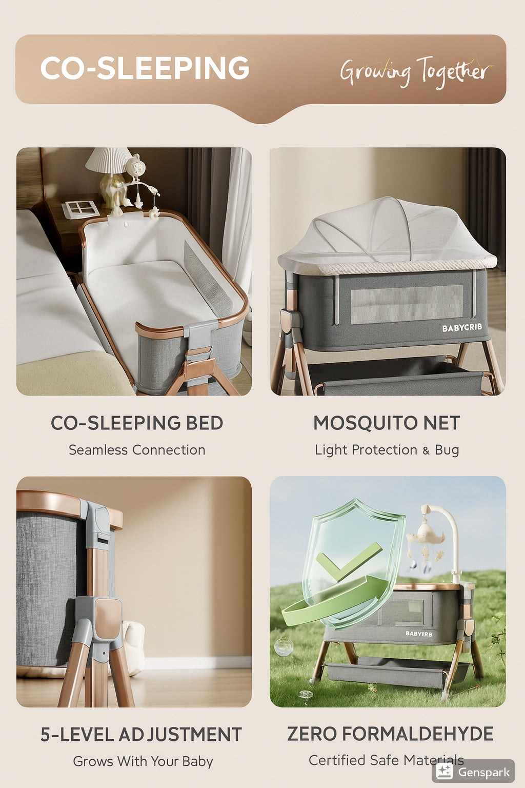 Bespoke Roseva Glide Bedside Crib - Handcrafted Luxury in Rose Gold & Chrome