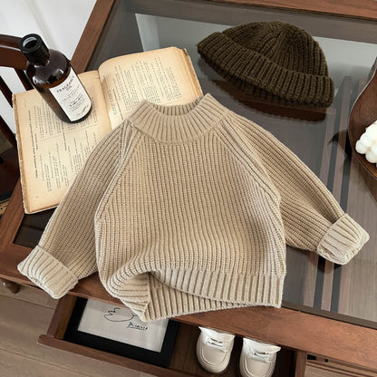 Retro Chunky Knit Kids Sweater – Cozy Semi-Turtleneck Pullover for Boys & Girls (Autumn/Winter 2025)