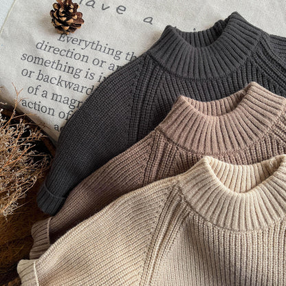 Retro Chunky Knit Kids Sweater – Cozy Semi-Turtleneck Pullover for Boys & Girls (Autumn/Winter 2025)