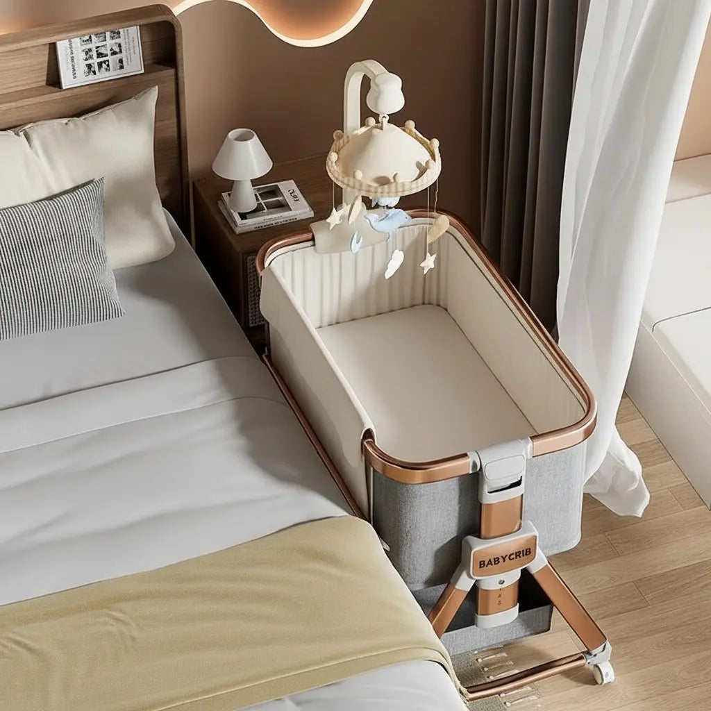 Bespoke Roseva Glide Bedside Crib - Handcrafted Luxury in Rose Gold & Chrome